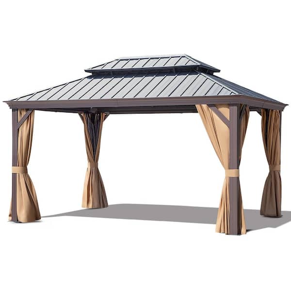 12 ft. x 16 ft. Outdoor Gazebo with Double Galvanized Steel Roof, Ceiling Hook, Yellow Mosquito Netting and Curtains