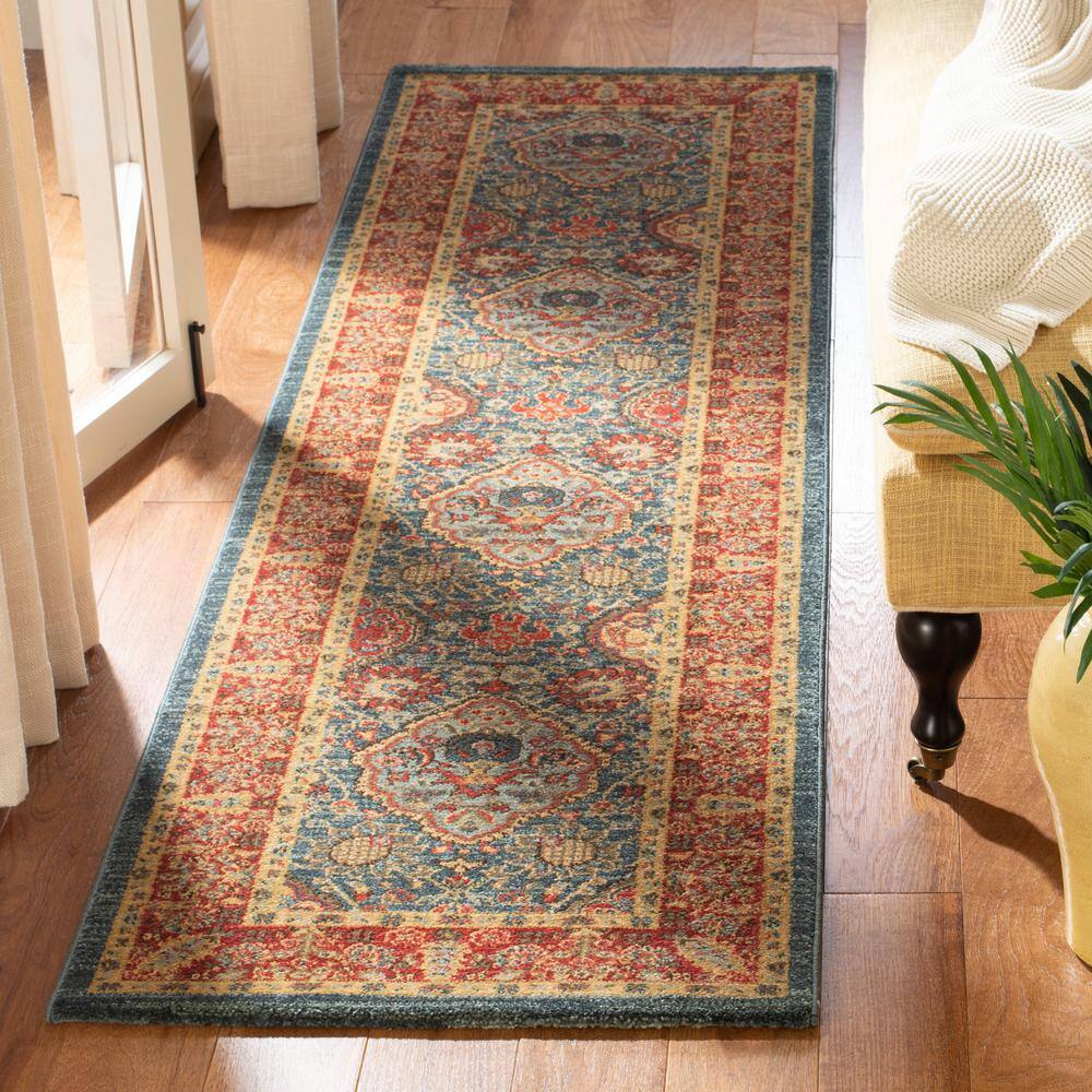 Navy and Red Synthetic Patterned Rectangle Runner Rug, 2'2" x 8'