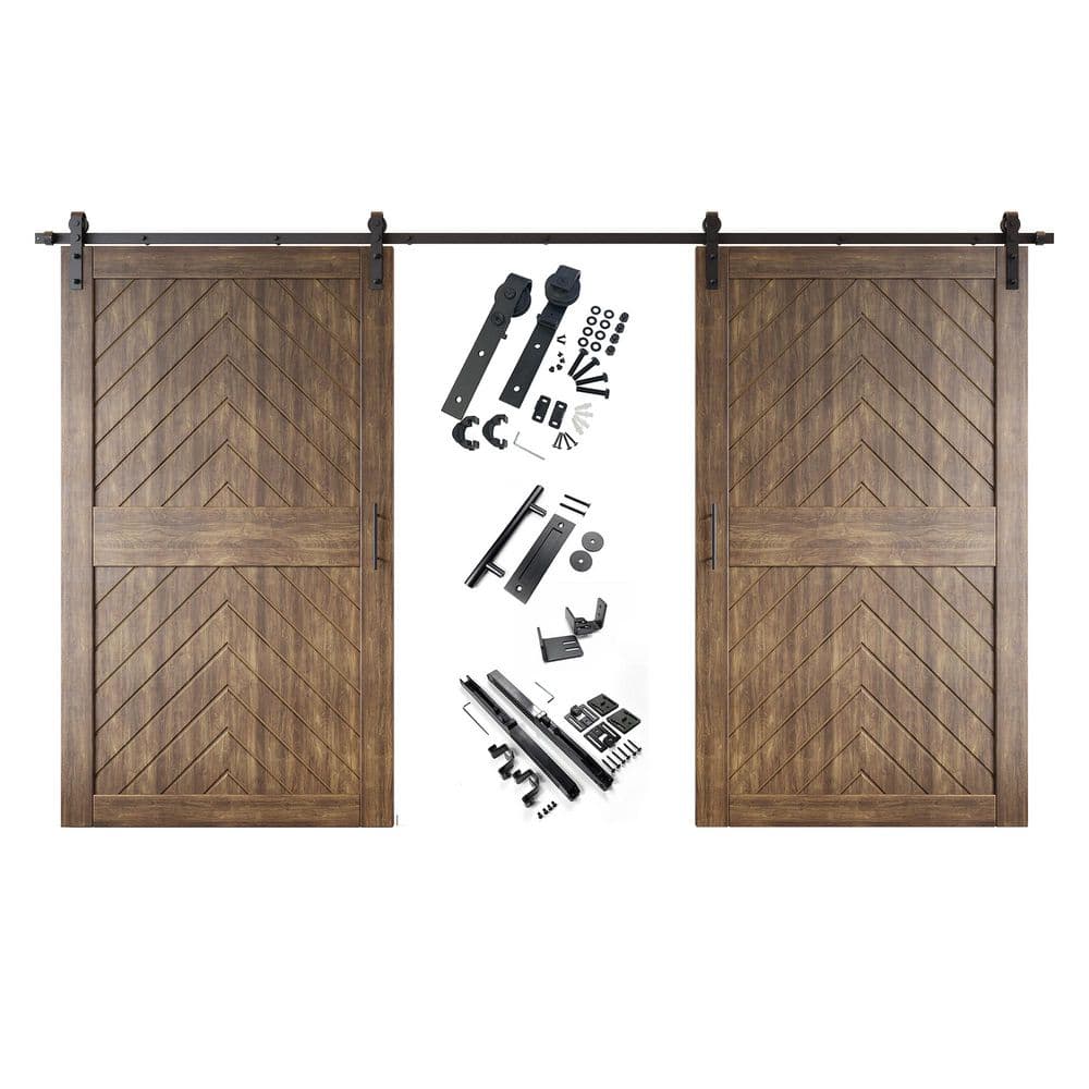 JT1 48 in. x 84 in. C-Panel Dark Walnut Fishbone Design Double Pine Wood Sliding Barn Door with Hardware Kit price history on PriceWatchPro