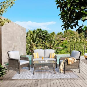 Michefor Gray 4- Piece Wicker Patio Conversation Set with Beige Cushions