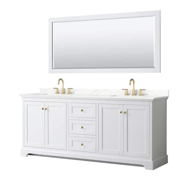Wyndham Collection Avery 80 in. W x 22 in. D x 35 in. H Double Bath Vanity in White with Giotto Quartz Top and 70 in. Mirror