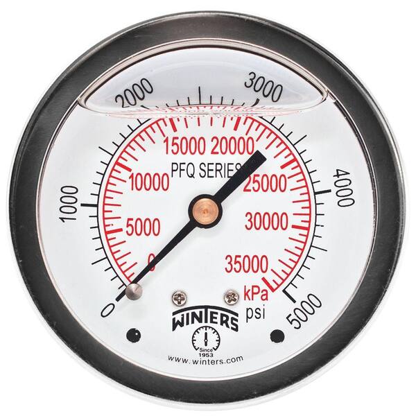 Winters Instruments PFQ Series 2.5 in. Stainless Steel Liquid Filled Case Pressure Gauge with 1/4 in. NPT CBM and Range of 0-5000 psi/kPa