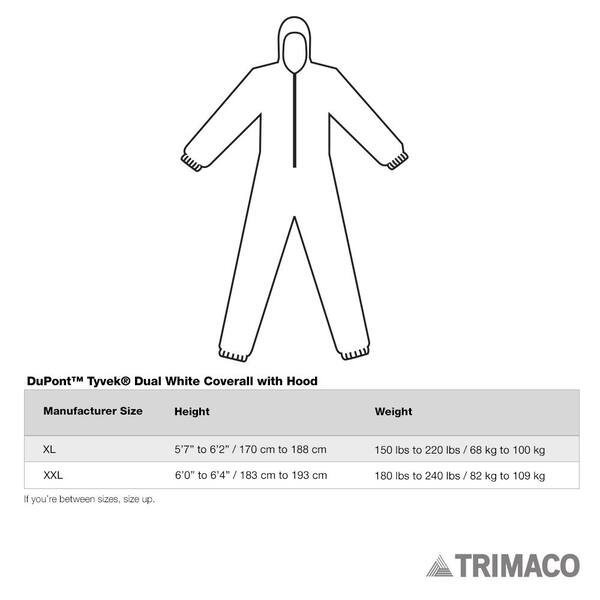 TRIMACO DuPont Tyvek Dual 2XL White Coverall with Hood 142741 TRIMACO DuPont Tyvek Dual 2XL White Coverall with Hood 142741