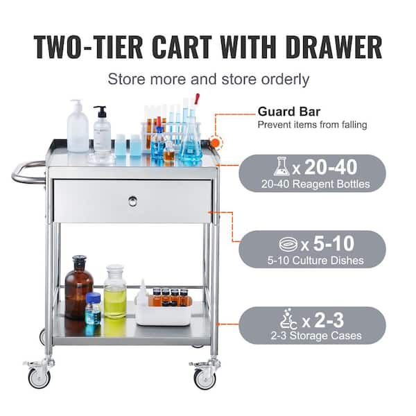 Professional Utility Rollwagen Mit 2 Schubladen | 49x44x76cm | Medical Trolley, Lagerwagen Bis 60kg | Weiß