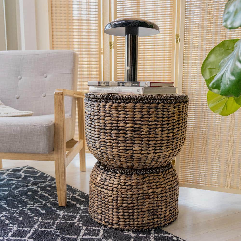 18" Brown Wash Handwoven Hyacinth Storage Accent Table