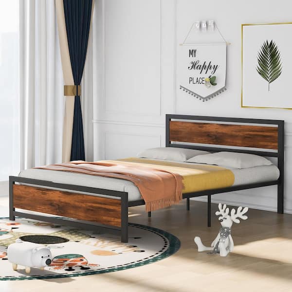 Westsky 60.2 in. Wide Queen-Size Platform Bed Unique Style Black Metal and Wood Bed Frame With Headboard & Footboard for Bedroom