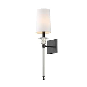 1-Light Matte Black Wall Sconce with White Fabric Shade