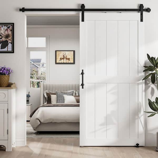 34 in. x 84 in. White H-shaped MDF Sliding Barn Door Slab with Hardware Kit