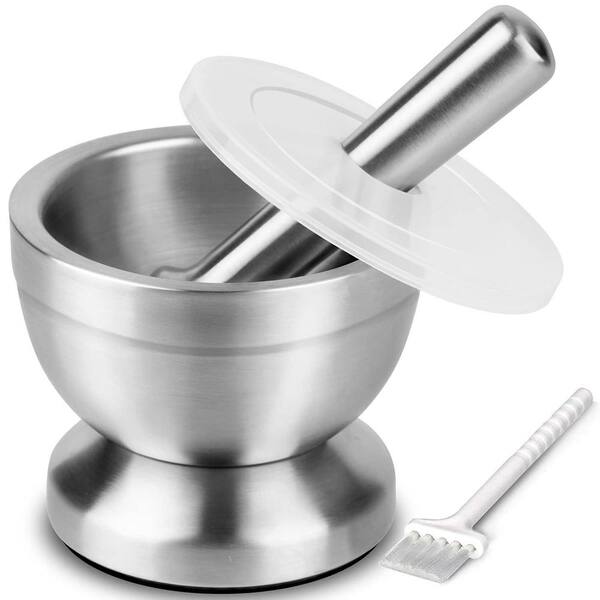 18/8 Stainless Steel Mortar and Pestle, with Brush, Spice Grinder, Pill Crusher, Herb Bowl, Pesto Powder, 1.5 Cup, 350ml