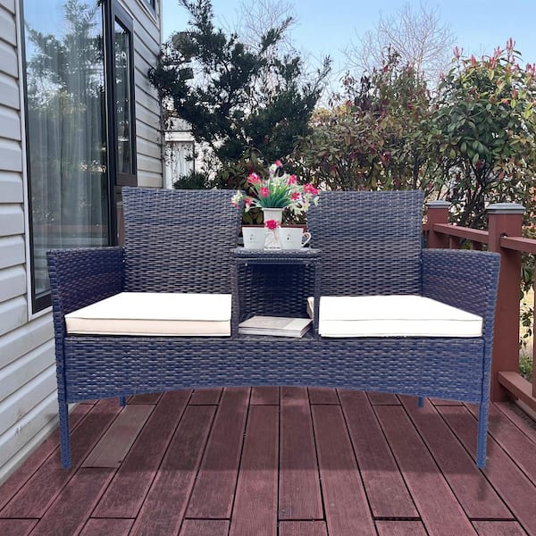 Tenleaf Brown Wicker Outdoor Loveseat with Beige Cushions, Built-in Coffee Table, Tempered Glass Top and Removable Cushions