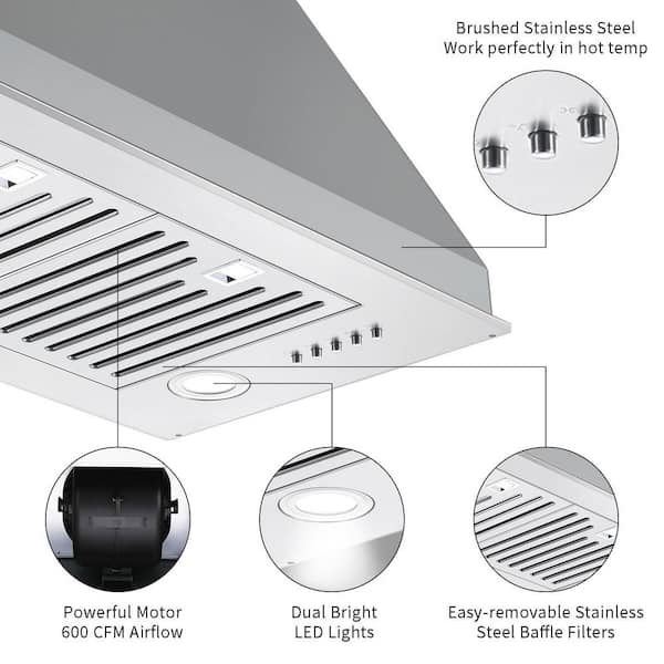 Zomagas Range Hood Insert 30 inch,Stainless Steel Kitchen Vent Hood  600CFM,Built-in Kitchen Stove Hood w/Front Touch Control and Front LED  Lights,Baffle Filters,Ducted/ductless Convertible Duct - Yahoo Shopping