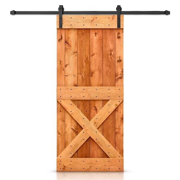 CALHOME 46 in. x 84 in. Distressed Mini X Series Red Walnut Stained DIY Wood Interior Sliding Barn Door with Hardware Kit