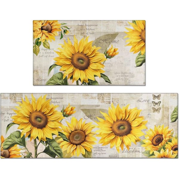 Sunflower Kitchen Mats Non Skid Washable Indoor Set of 2 (17 in. x 47 in. + 17 in. x 30 in.) Yellow