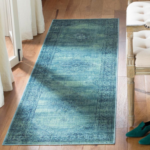 Vintage 2 ft. x 14 ft. Turquoise/Multi Floral Border Medallion Runner Rug
