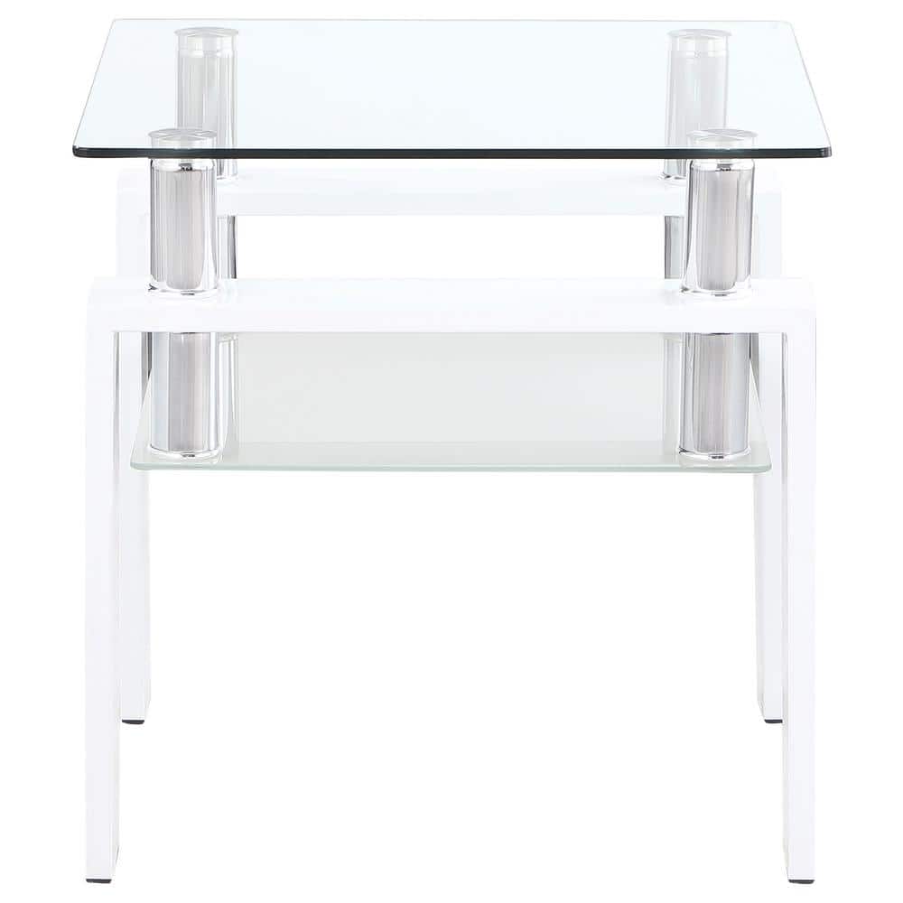 22" White Metal and Glass Square End Table with Shelf