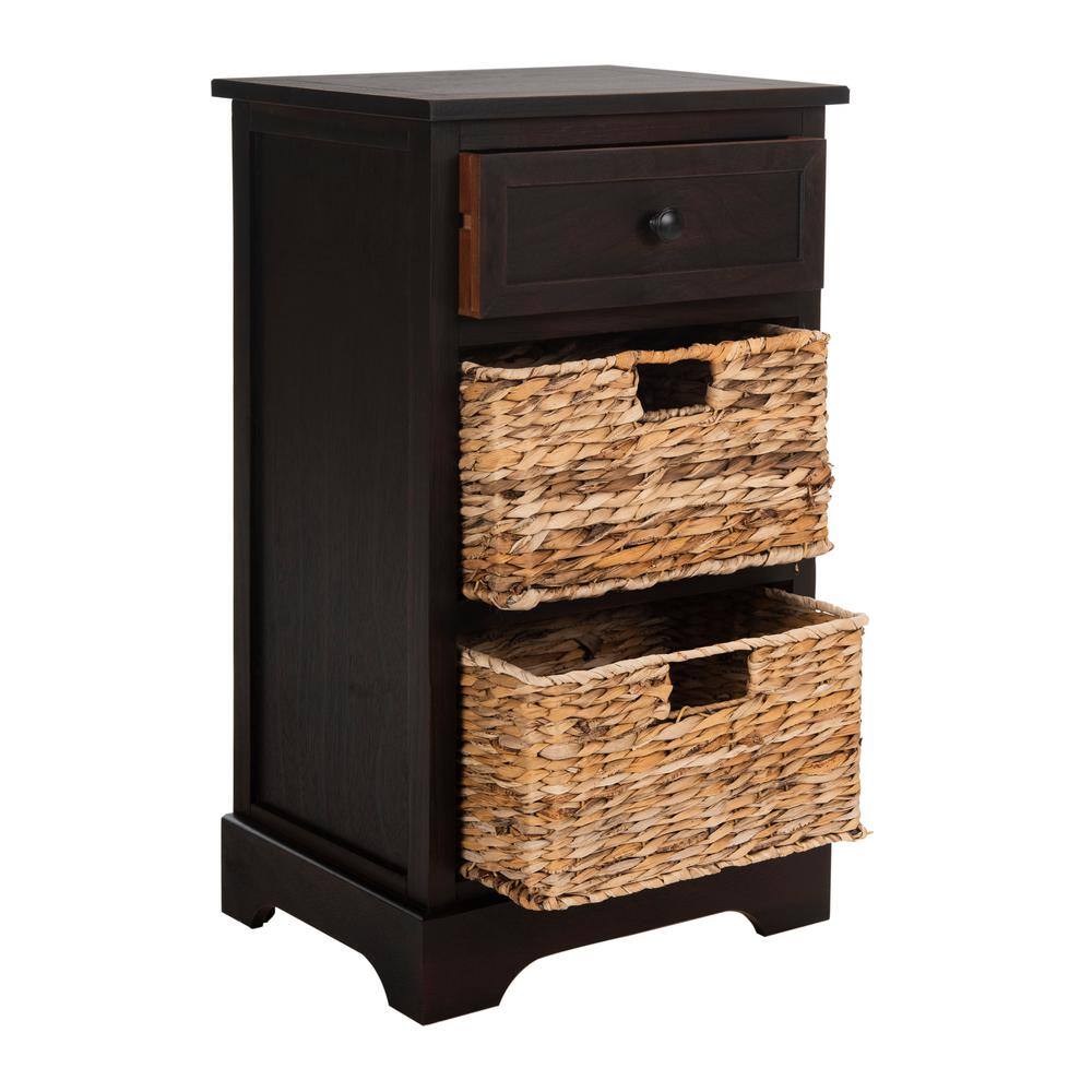 Transitional Brown Pine 3-Drawer Side Table with Woven Baskets