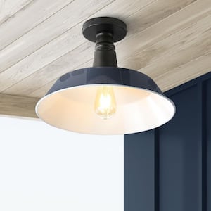 Camila 14 in. 1-Light Navy/White Classic Industrial Indoor/Outdoor Iron LED Semi Flush Mount
