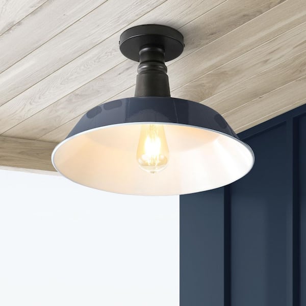JONATHAN Y Camila 14 in. 1-Light Navy/White Classic Industrial Indoor/Outdoor Iron LED Semi Flush Mount