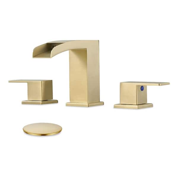 Waterfall Spout 304 stainless steel 8 in. Widespread Double Handle Bathroom Faucet with Drain Kit Included in Gold