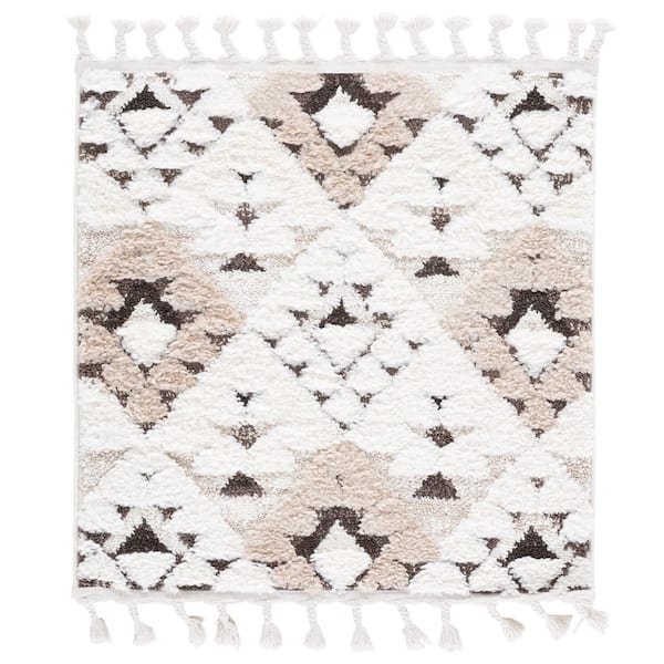 Moroccan Tassel Shag 5 ft. x 5 ft. Square Ivory/Brown High-Low Geometric Fringe Area Rug
