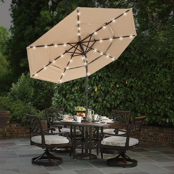 9ft Solar LED Patio Umbrella Outdoor Parasol Backyard Sunshade Tilt with Crank 