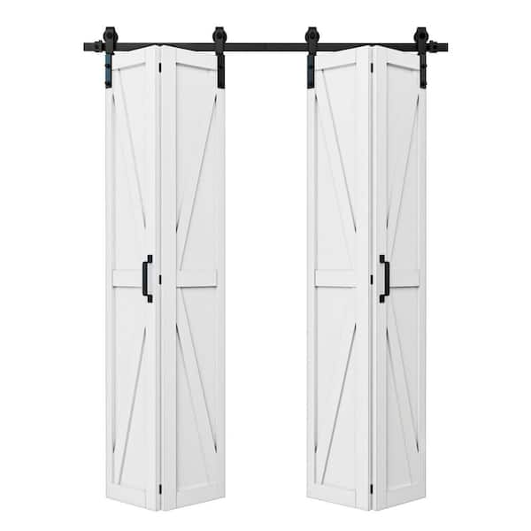 72 in. x 84 in. Paneled White Finished MDF British K-Shape Composite Bifold Sliding Barn Door with Hardware Kit