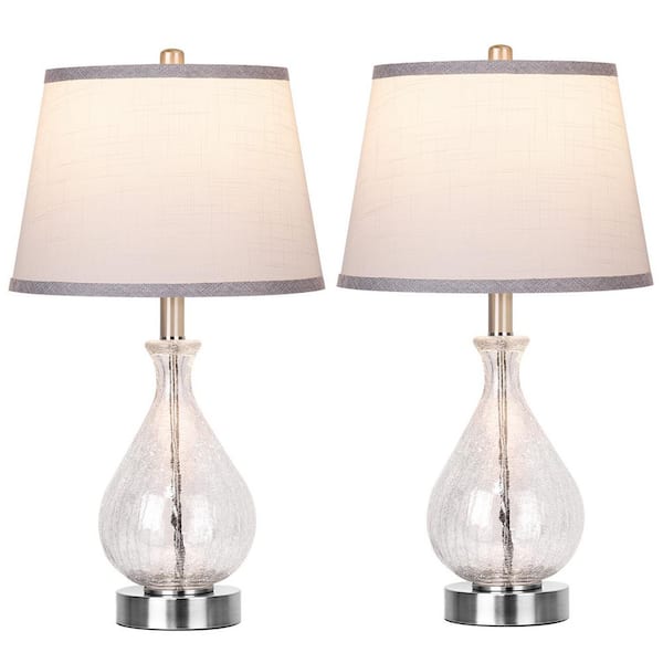 Rottogoon 22.5 in. Clear Glass Table Lamp Set of 2 LED Lights with White Shade 3 Way Dimmable Modern Lamp for Living Room, Bedroom