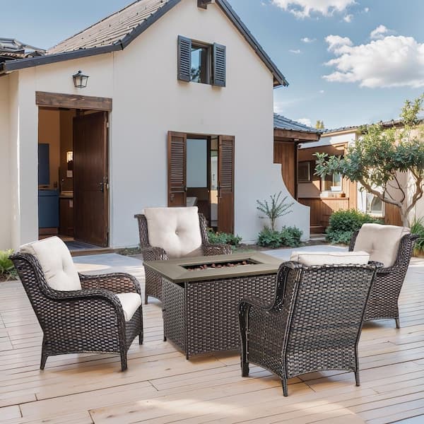 Pocassy 5-Piece Brown Wicker Patio Chairs for 4 with Gas Propane Fire Pit Table Sets Beige Cushions