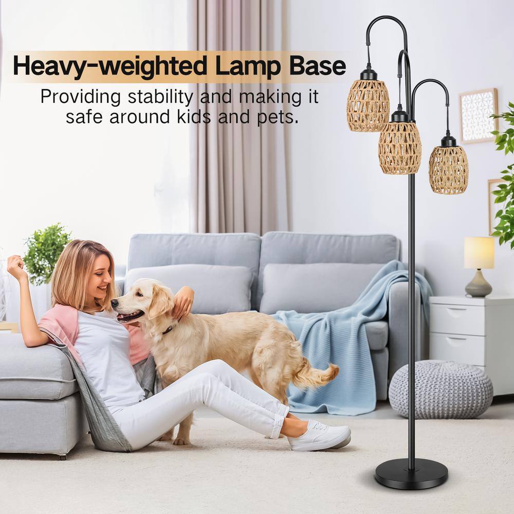 Black Metal Arc Floor Lamp with Rattan Shades