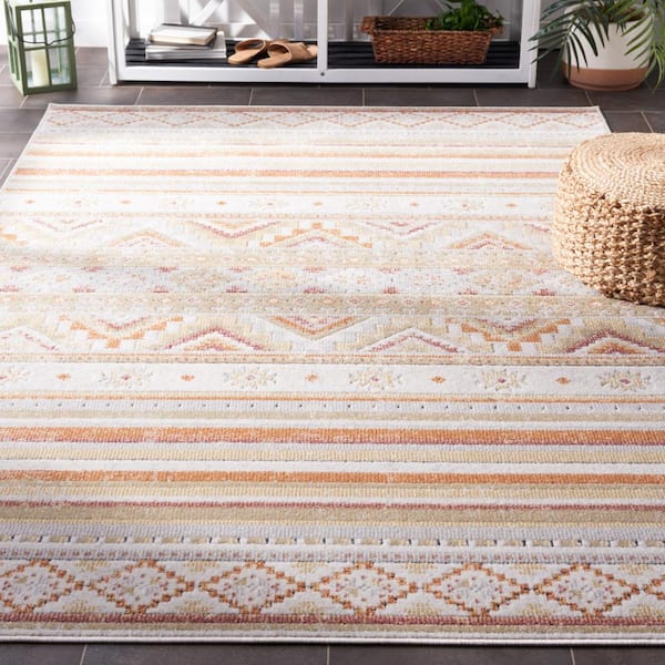 Cabana Ivory/Beige/Gold 7 ft. x 7 ft. Striped Diamond Indoor/Outdoor Square Area Rug