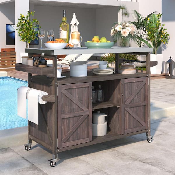 Dark Brown Wood Patio Outdoor Bar, Rolling Bar Cart and Storage Cabinet with Stainless Steel Top for Kitchen, Barbecue