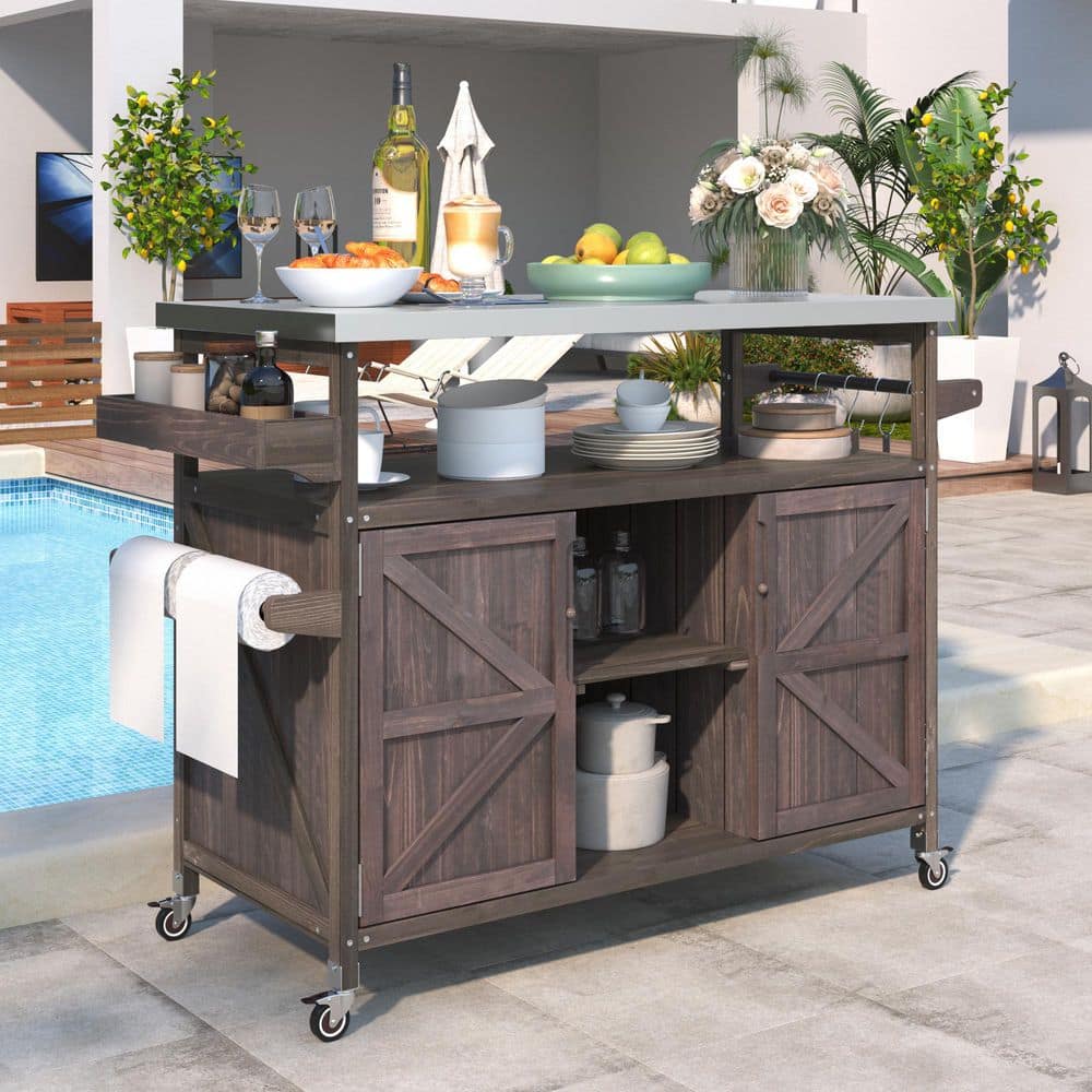 Dark Brown Wood Patio Outdoor Bar, Rolling Bar Cart and Storage Cabinet wit