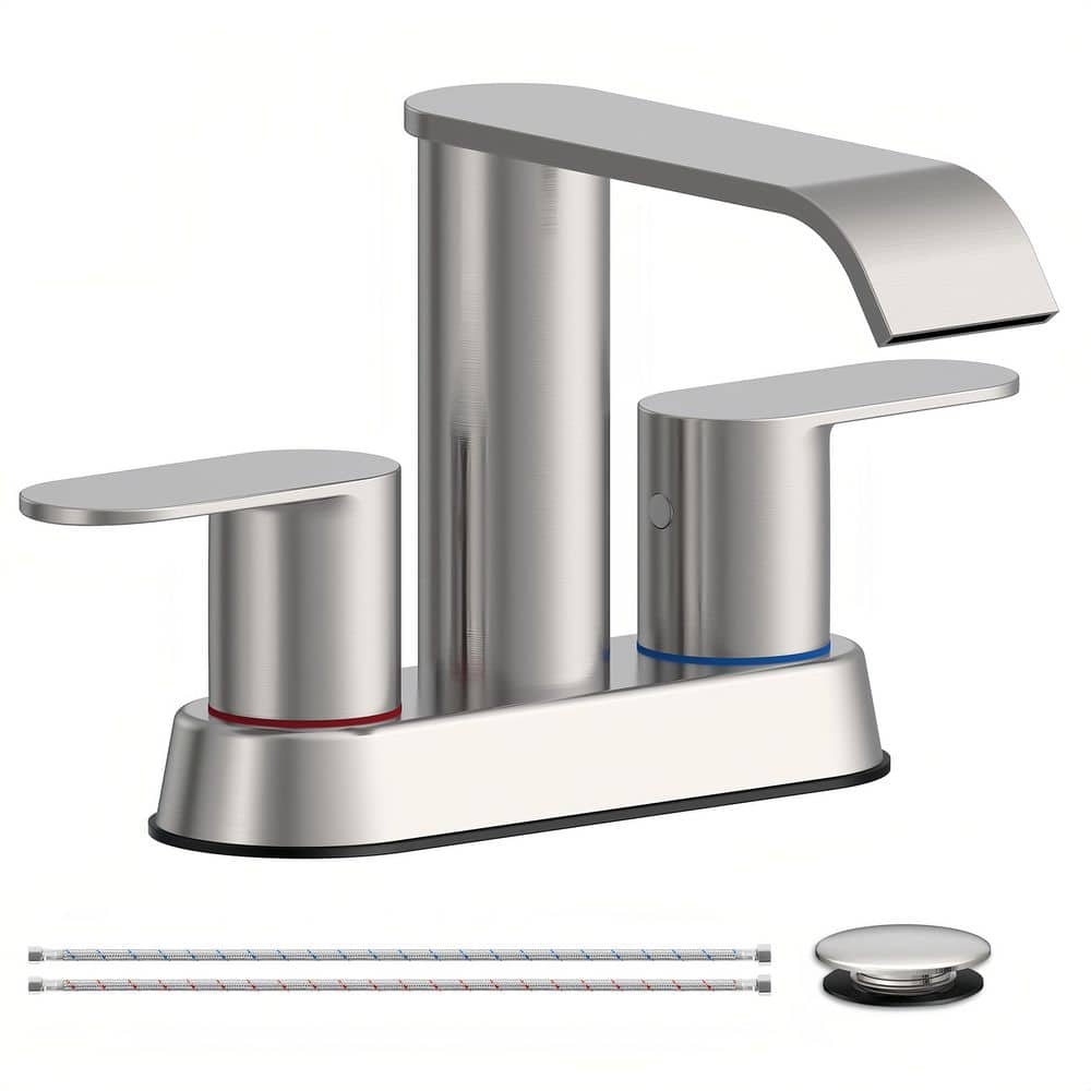 4 in. Centerset 2-Handle Waterfall Bathroom Sink Faucet with 360° Swivel Spout and Pop-Up Drain in Brushed Nickel price history on PriceWatchPro