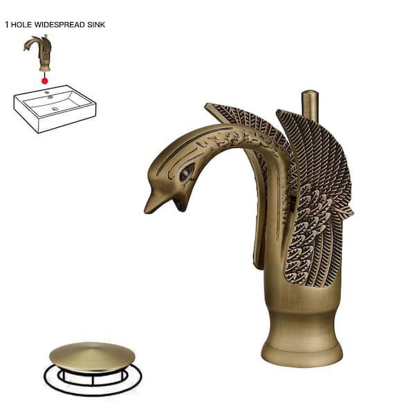 BWE Swan Single Hole Single-Handle Bathroom Faucet And Pop Up Drain and Overflow Cover in Antique Brass