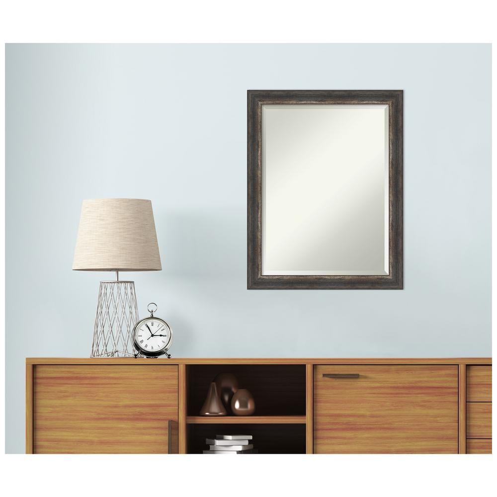 Amanti Art Beveled Bathroom Wall Mirror - Bark Rustic Char Frame Bark Rustic Char Narrow Outer Size: 21 x 27 in Silver, Brown, Black