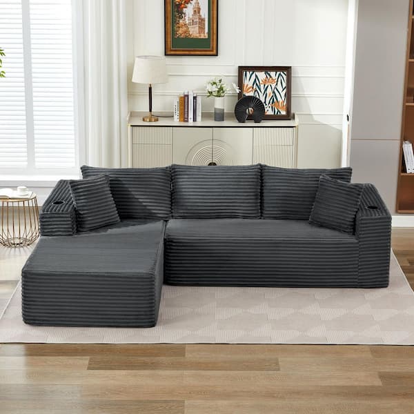 105 in. Square Arm Polyester L-Shaped Full Foam Modular Sectional Sofa in Gray with Ottoman and Cupholders
