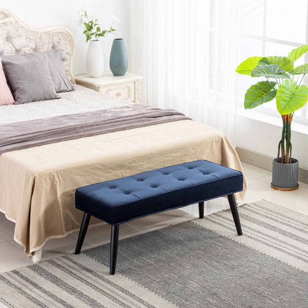 Navy Blue Velvet Tufted Upholstered Bench with Wood Legs