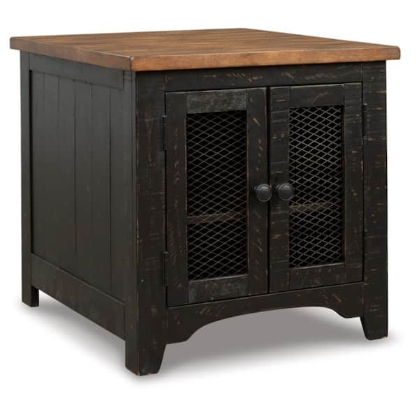 Valebeck 24 in. Black/Brown Rectangle Wood End Table with Cabinet and Shelf