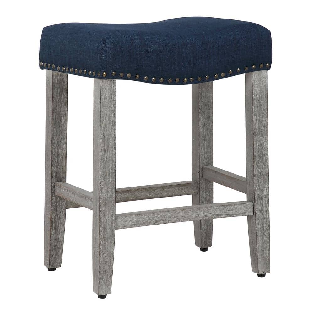 Antique Gray and Navy Blue Saddle Style Wood Bar Stool, 24"