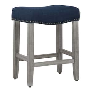 Jameson 24 in Counter Height Antique Gray Wood Backless Nailhead Barstool with Upholstered Navy Blue Linen Saddle Seat
