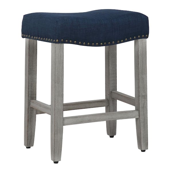 WESTINFURNITURE Jameson 24 in Counter Height Antique Gray Wood Backless Nailhead Barstool with Upholstered Navy Blue Linen Saddle Seat