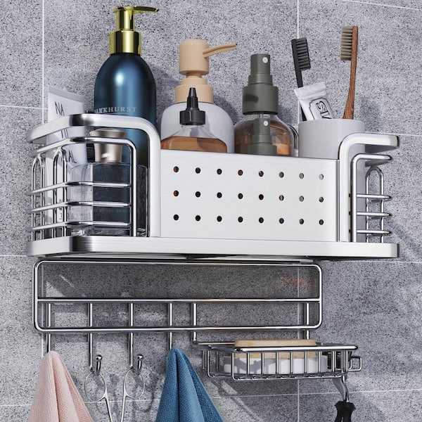 Dracelo Silver Stainless Steel Bathroom Adhesive Shower Caddy Shelf with Soap Holder