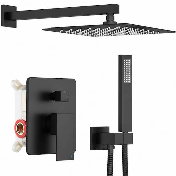 12 in. Matte Black Rainfall Shower System with Pressure Balance Valve and Handheld Shower Fixture Faucet