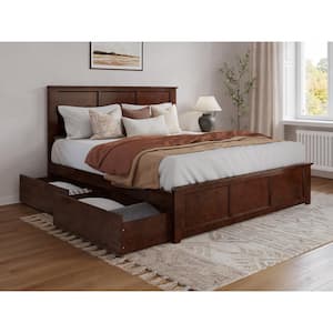 Madison Walnut Brown Solid Wood Frame King Platform Bed with Matching Footboard and Storage Drawers