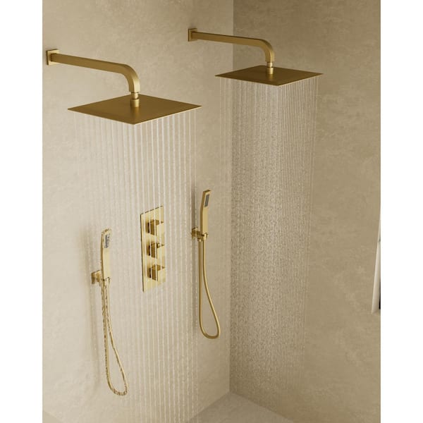 Thermostatic Valve 8-Spray 12 in. and 12 in. Wall Mount Dual Shower Head and Handheld Shower in Brushed Gold