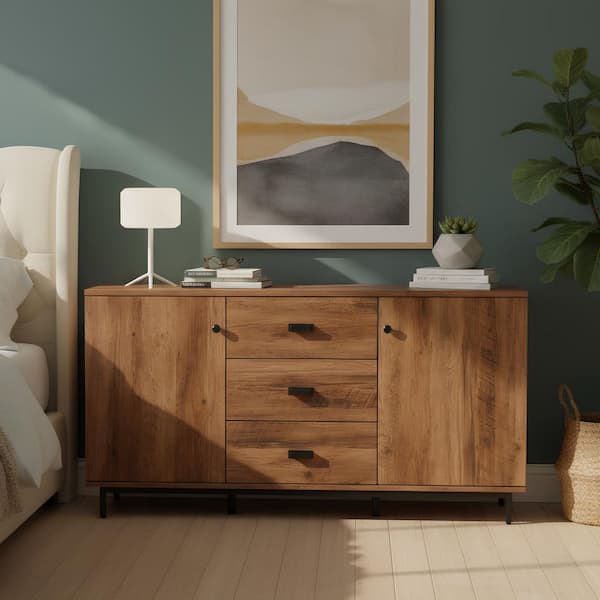Brooklyn 58.5 in. W x 29.75 in. H Mid-Century Modern Sideboard with Storage, Brown Acacia Wood Finish and Black Hardware