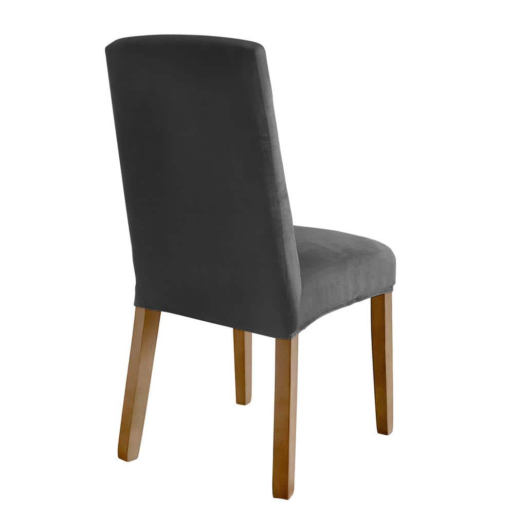 Charcoal Stretch Velvet Short Dining Chair Cover Set
