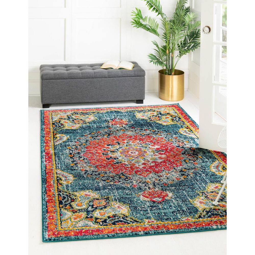 Mid-Century Abstract Geometric Blue Wool 8x10 Area Rug
