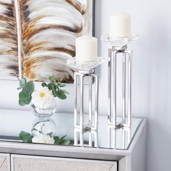 Litton Lane Silver Stainless Steel Candle Holder (Set of 2)