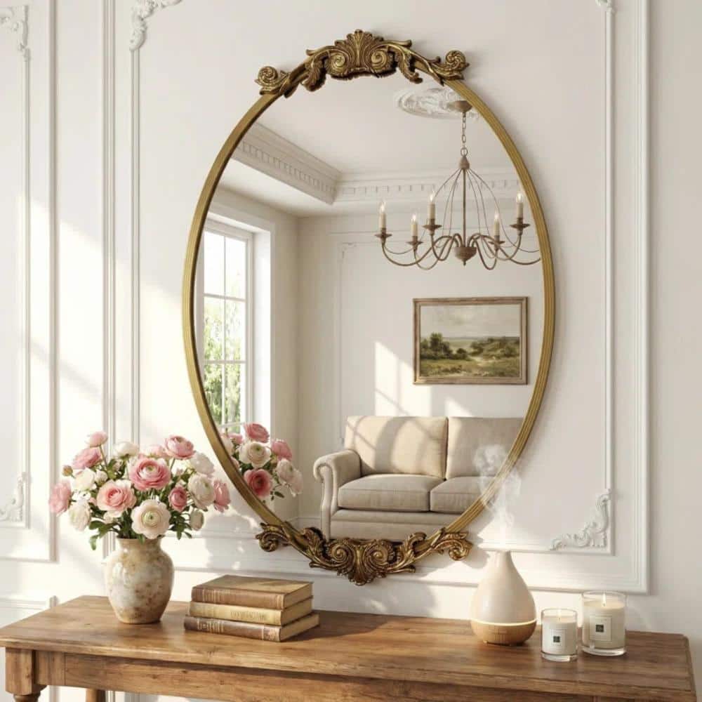 Oval Mirror, Antiqued Accent Wall Mirror with Distressed Frame